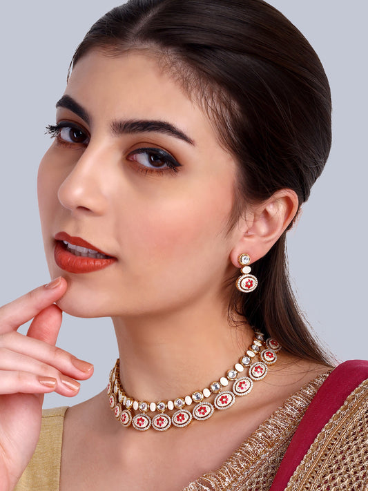 Rohini Red Floral Designer Kundan Necklace Set