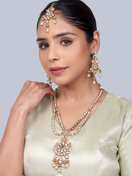 Ratnavali - Peacock work Kundan Bridal Designer Necklace Set (Green)