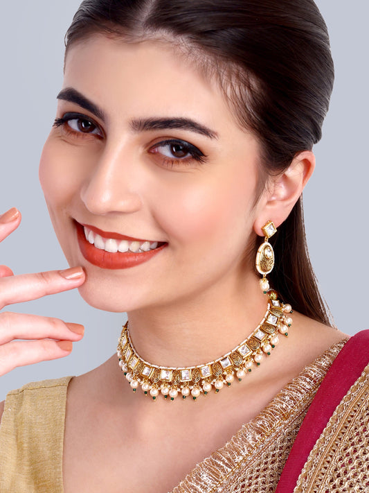 Mira Designer Kundan Pearl Necklace Set (Green)