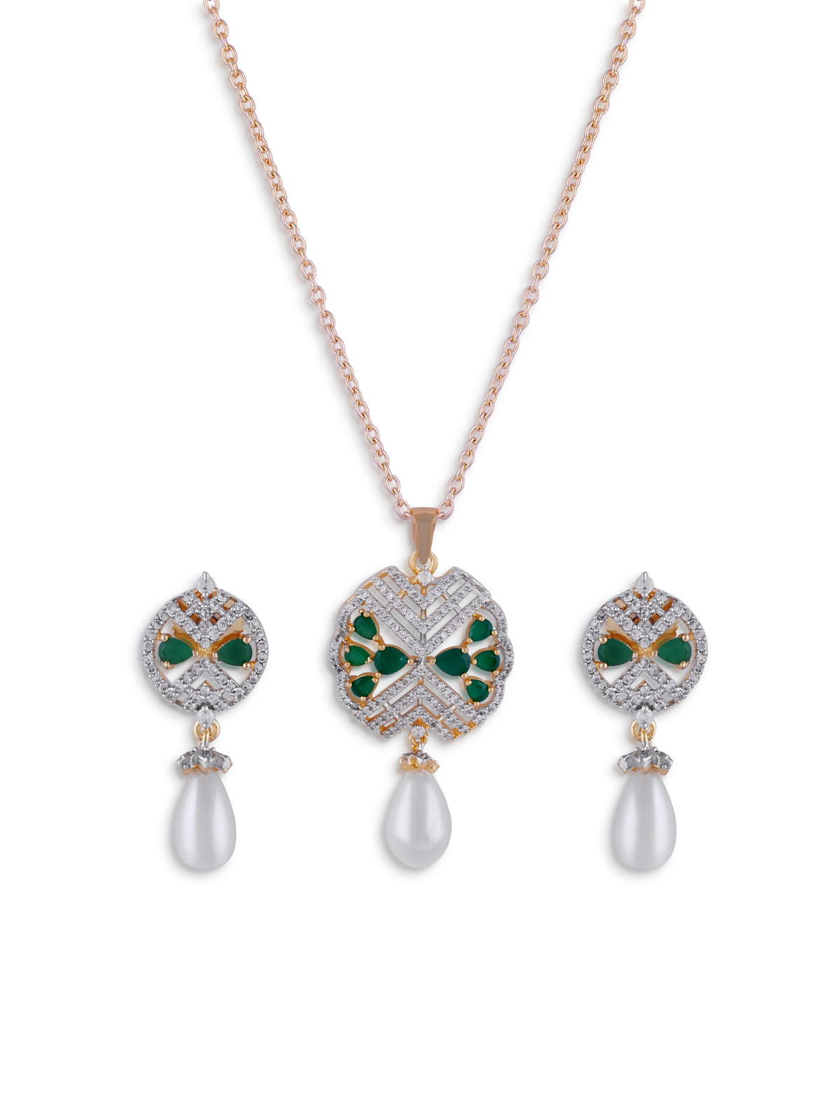 Emerald Lattice Pearl Pendant Set