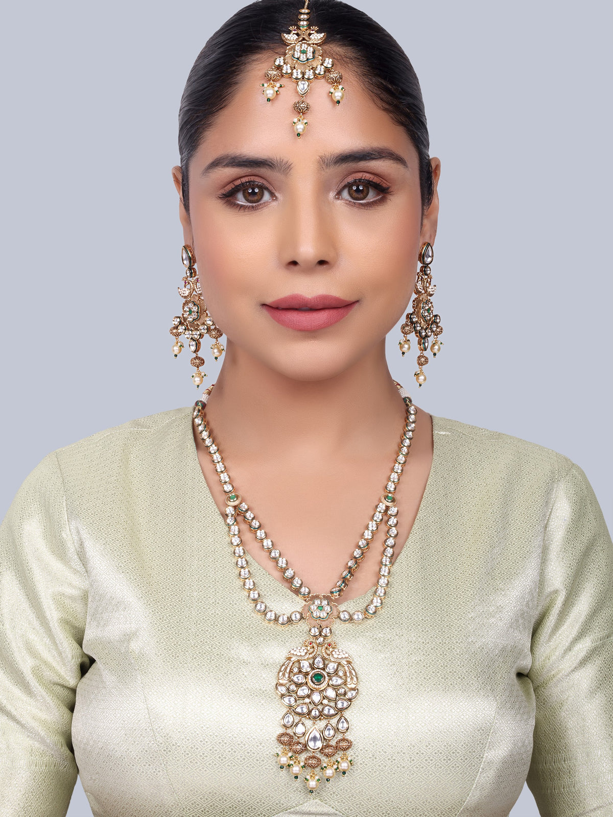 Ratnavali - Peacock work Kundan Bridal Designer Necklace Set (Green)