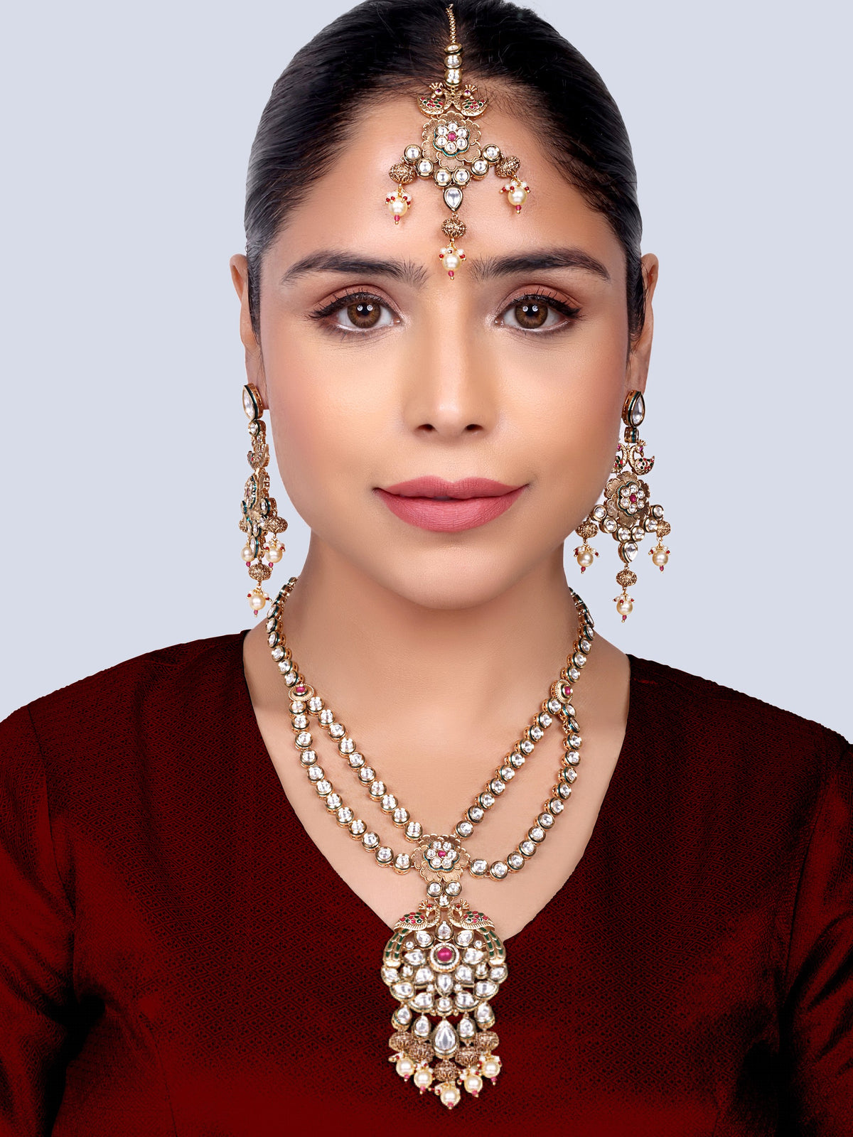 Ratnavali - Peacock work Kundan Bridal Designer Necklace Set (Ruby)