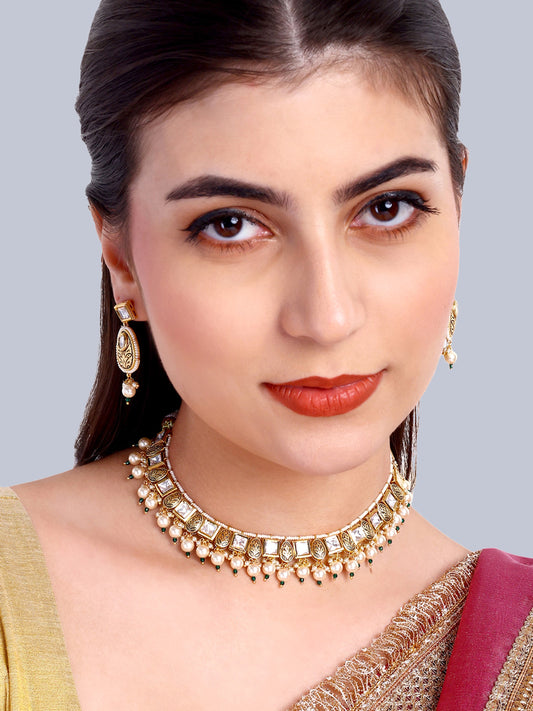 Mira Designer Kundan Pearl Necklace Set (Green)
