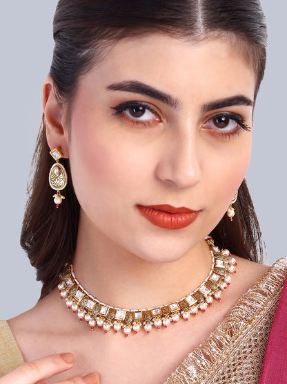 Mira Designer Kundan Pearl Necklace Set (Ruby)