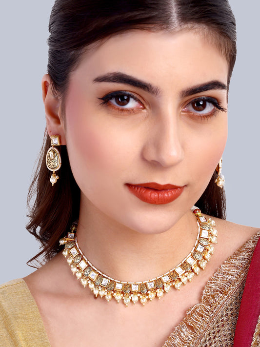 Mira Designer Kundan Pearl Necklace Set (White)