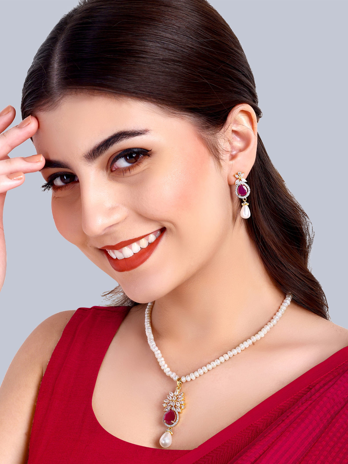 Reva Ruby Designer Pearl Necklace Set