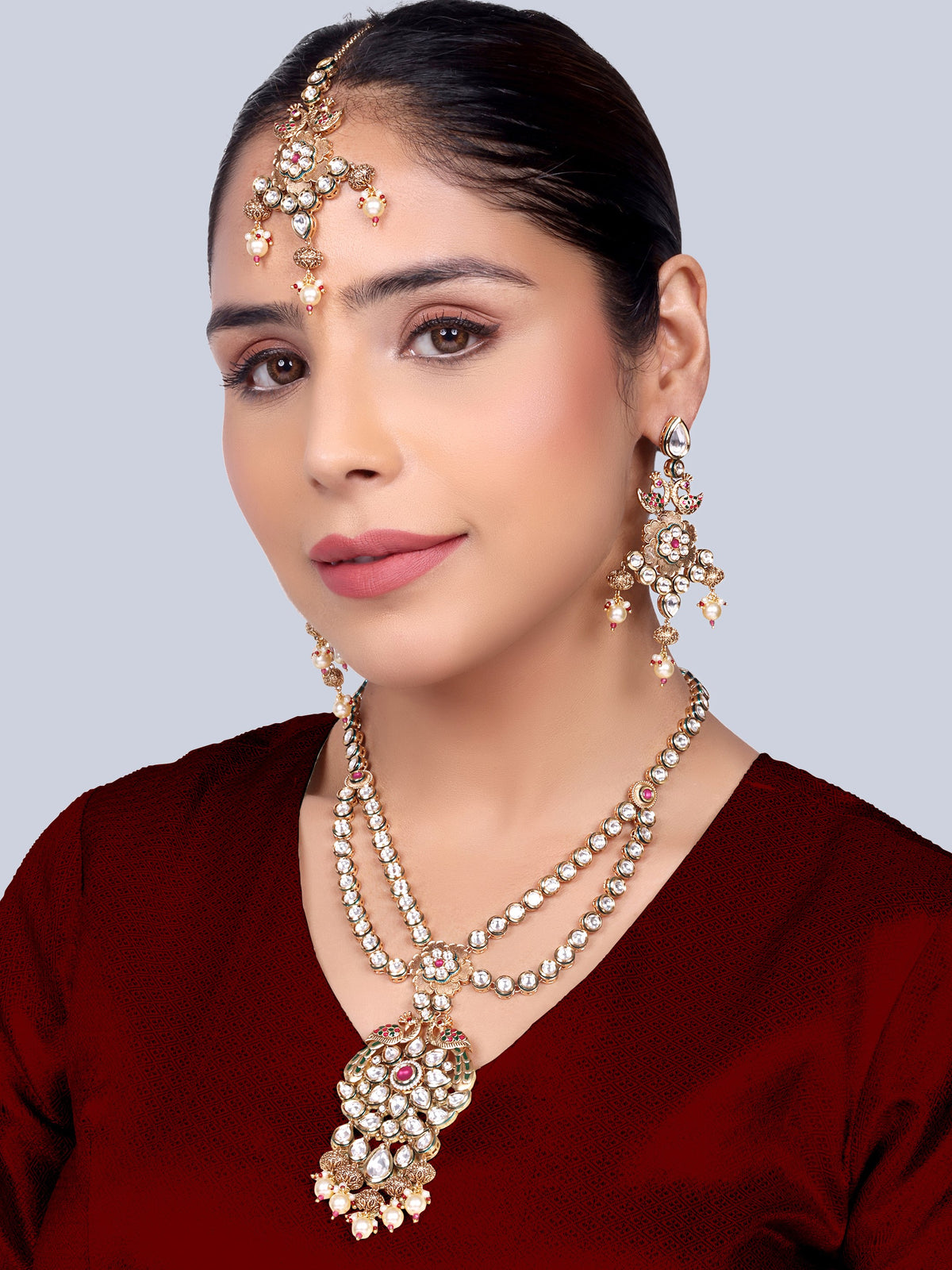 Ratnavali - Peacock work Kundan Bridal Designer Necklace Set (Ruby)