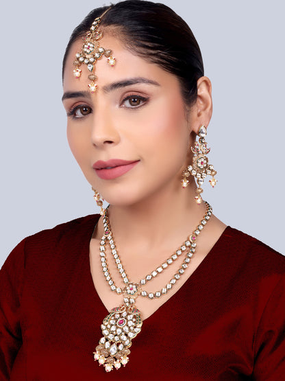 Ratnavali - Peacock work Kundan Bridal Designer Necklace Set (Ruby)