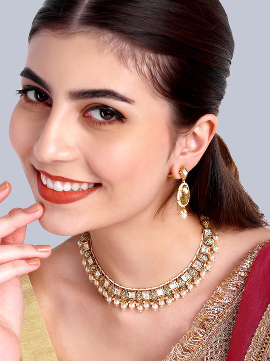 Mira Designer Kundan Pearl Necklace Set (White)