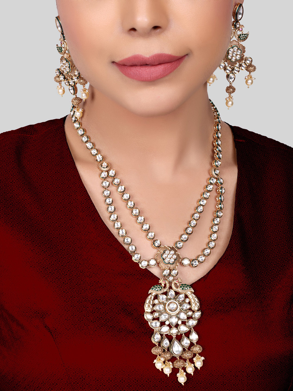 Ratnavali - Peacock work Kundan Bridal Designer Necklace Set (White)