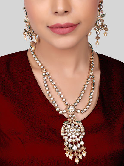 Ratnavali - Peacock work Kundan Bridal Designer Necklace Set (White)