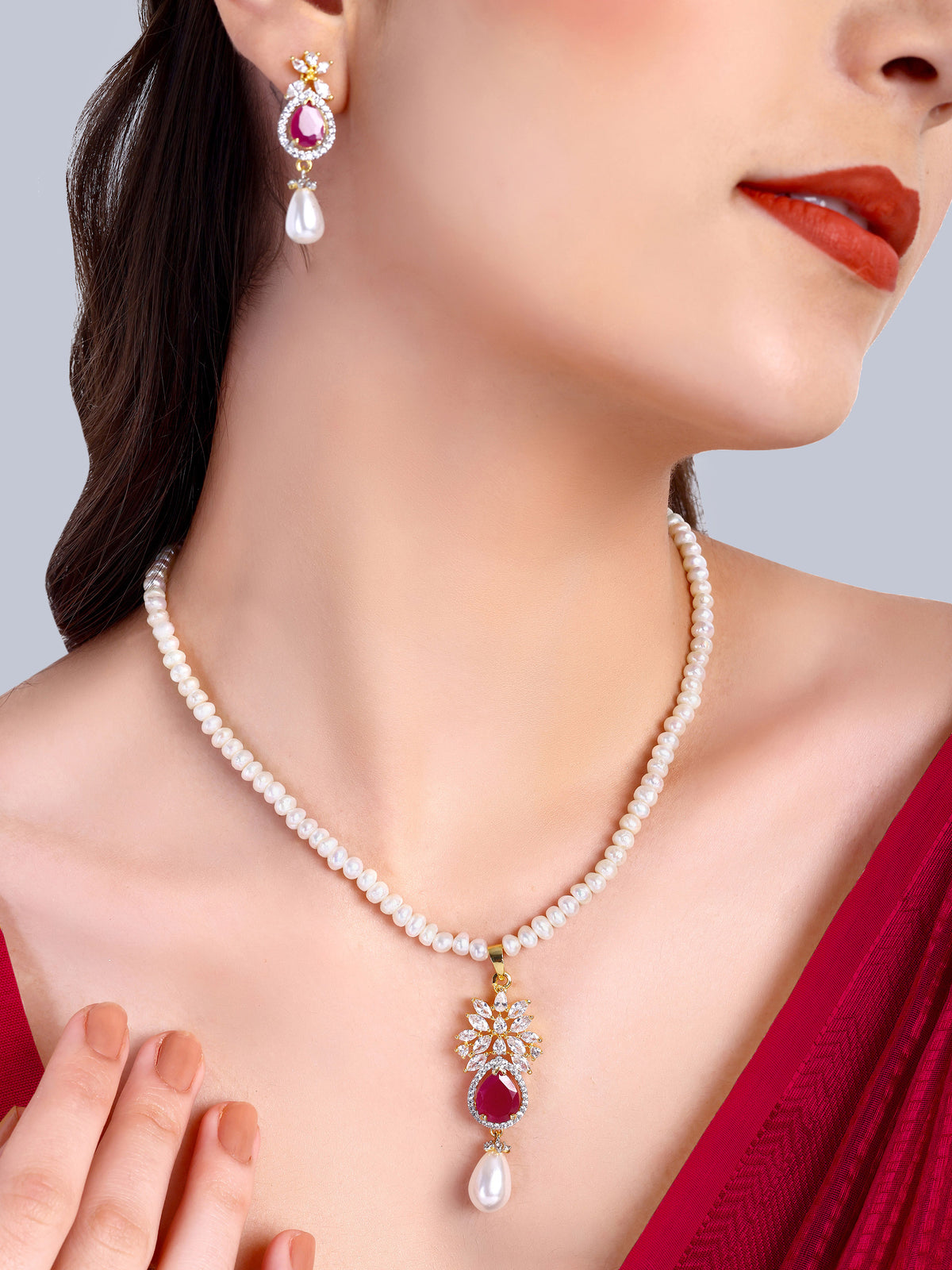 Reva Ruby Designer Pearl Necklace Set