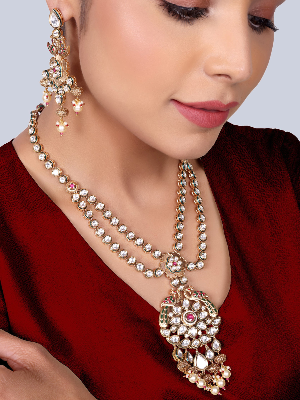Ratnavali - Peacock work Kundan Bridal Designer Necklace Set (Ruby)