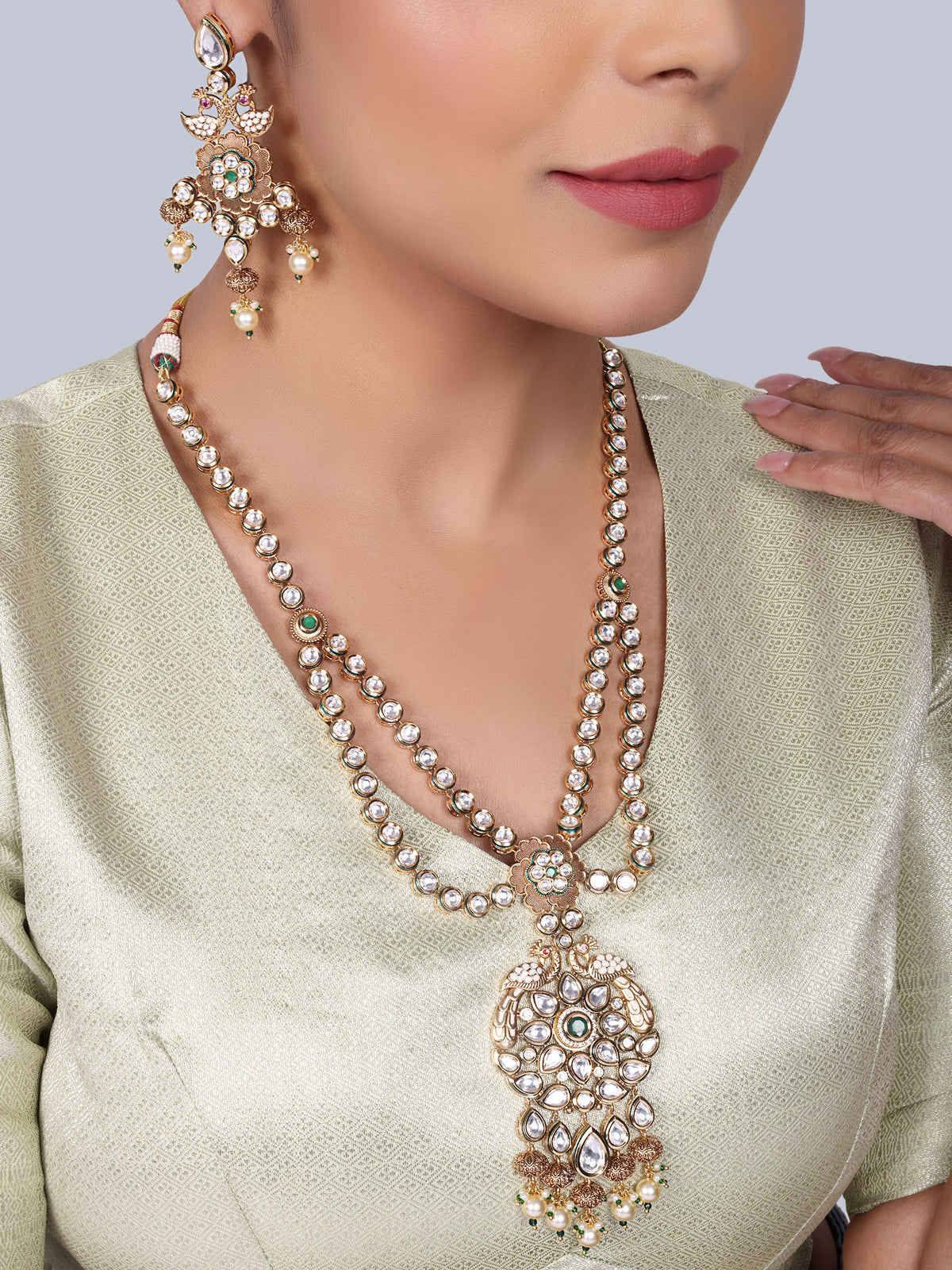 Ratnavali - Peacock work Kundan Bridal Designer Necklace Set (Green)