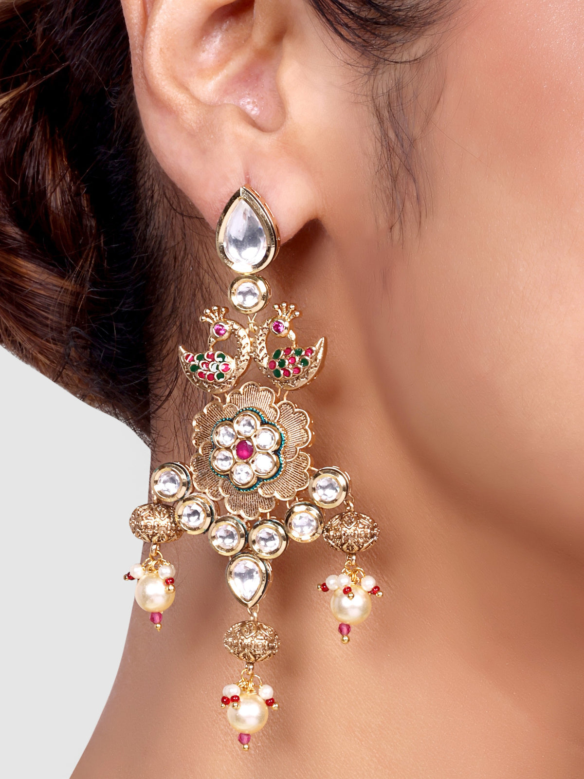 Ratnavali - Peacock work Kundan Bridal Designer Necklace Set (Ruby)