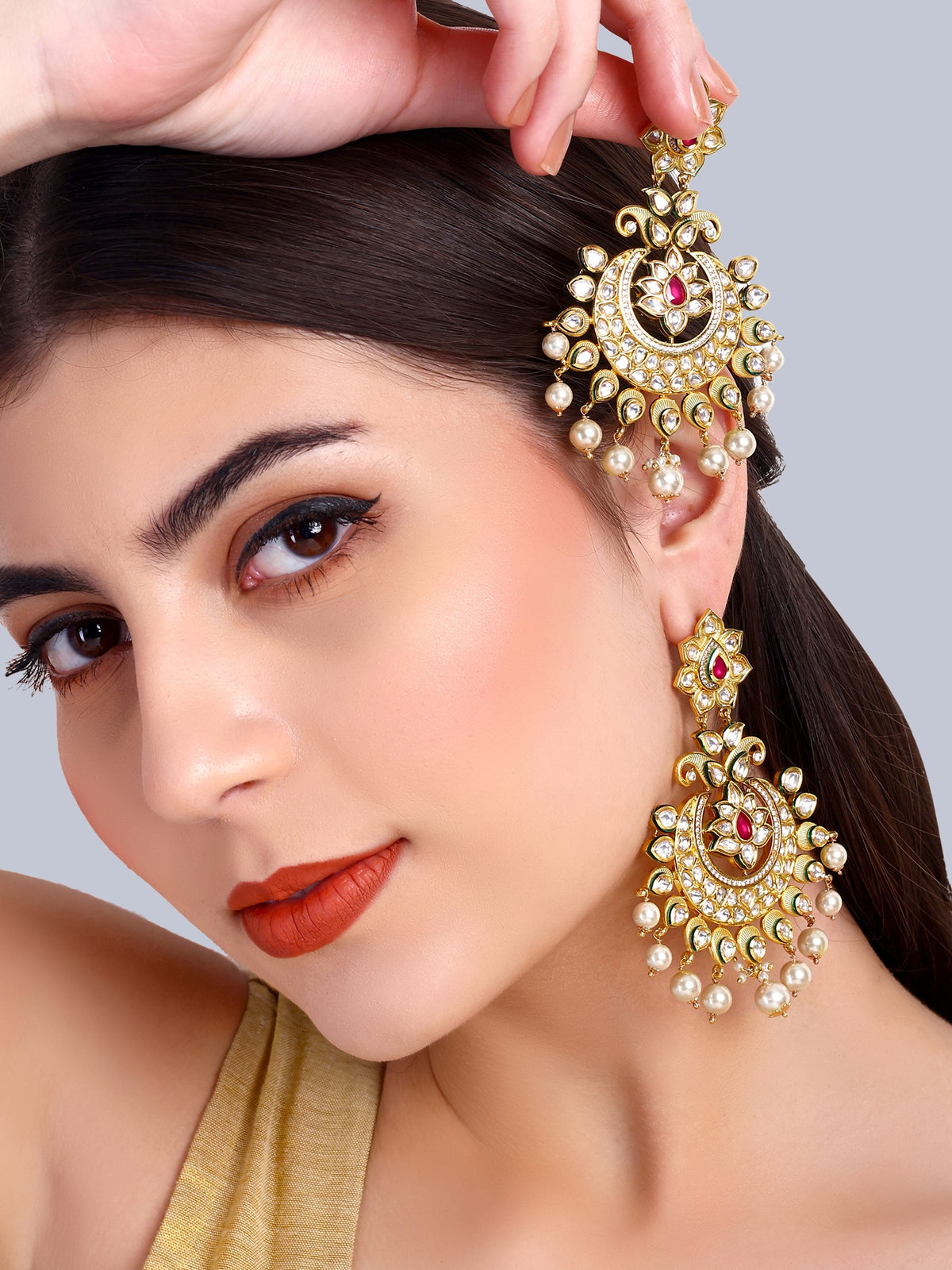 Chandrika - Kundan Long Earrings (Ruby)