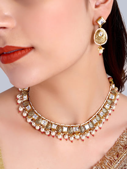 Mira Designer Kundan Pearl Necklace Set (Ruby)