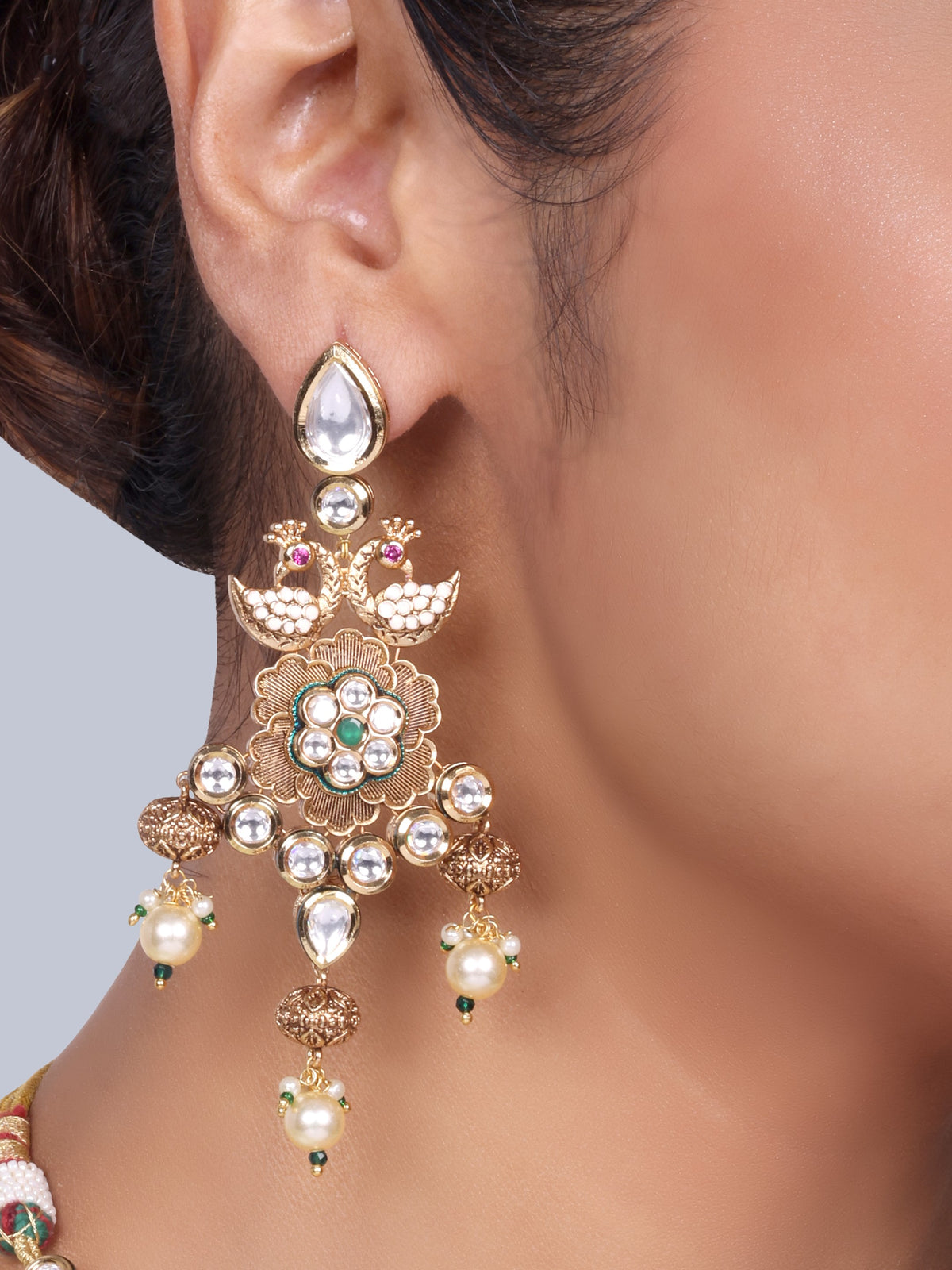 Ratnavali - Peacock work Kundan Bridal Designer Necklace Set (Green)