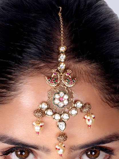 Ratnavali - Peacock work Kundan Bridal Designer Necklace Set (Ruby)